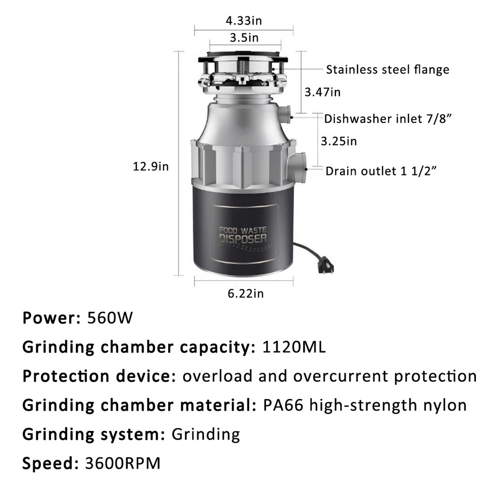 Eliminador de residuos de alimentos 110/220-240 V 1120 ml 560 W fregadero de molienda de alimentación eliminación de basura - Imagen 2 de 4
