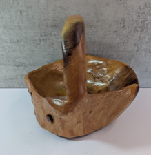 MCM Burl Wood 9" Wooden Basket Hand Carved Knobby Handle Natural
