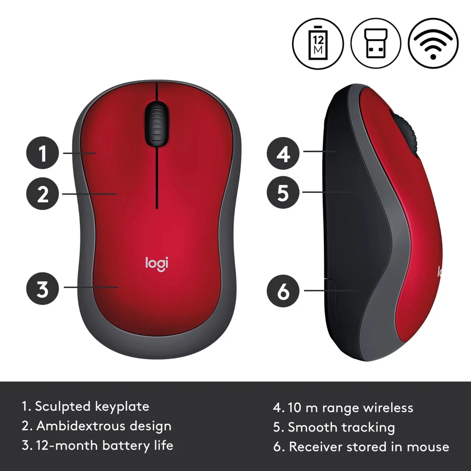 Logitech M185 Wireless Mouse - Red - Image 2 of 4
