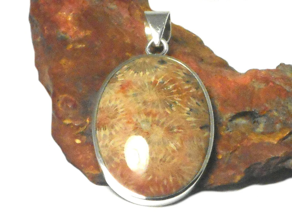 Large Oval Fossilized  CORAL  Sterling  Silver  925  Gemstone  Pendant - Image 2 of 4