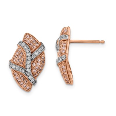 Sterling Silver Rhodium-plated Pink Pink & Clear CZ Leaf Post Earrings