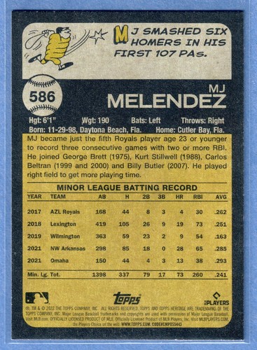 Tarjeta de novato Topps Heritage 2022 número alto MJ Meléndez #586 Royals RC QTY - Imagen 2 de 2