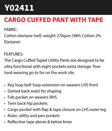 Hard Yakka Cargo Cuffed Pant Reflective Tape 8 eight pocket work Safety Y02411 - Picture 5 of 6