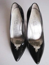 CATHY JEAN BLACK PATENT LEATHER 4" HEEL PUMP 7M -  removable Rhinestone clips