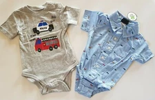 Little Rebels Boy's 2 Pc Bodysuit Set Fire Truck/ Police Car & Cars Size 3-6 M