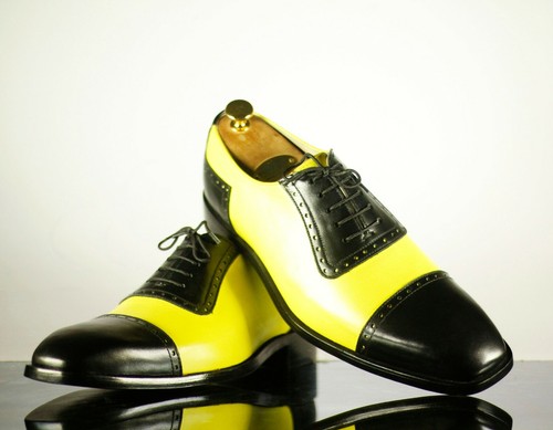 Handmade Men Black Yellow Cap Toe 