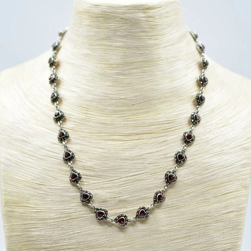 Vintage Necklace 925 Sterling Silver Unmarked Rhinestone Red Jeweled Collar Bin5