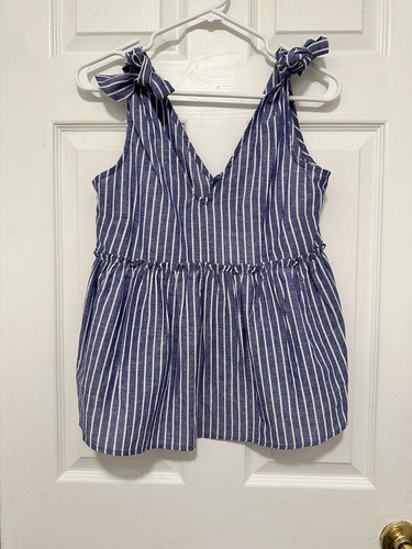 Who What Wear Woman’s Linen Cotton Blue White Striped Ruffle Top Summer XS