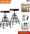 Set of 2 Rustic Industrial Adjustable Bar Stools - Dark Walnut & Metal Finish