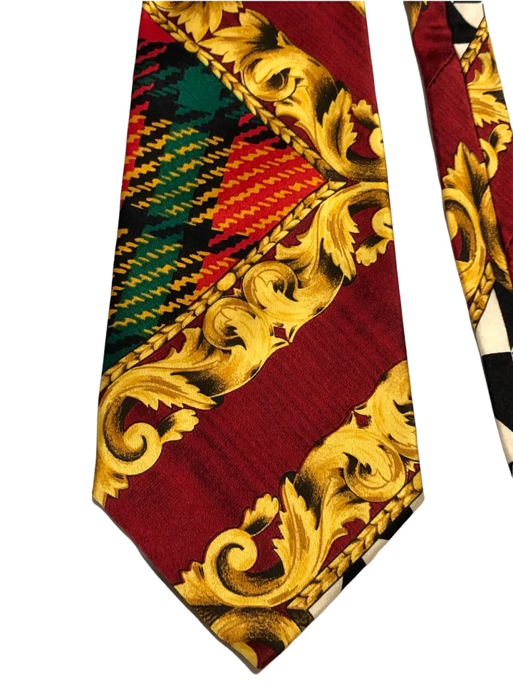 Vintage 90s Altea Baroque Silk Tie made in Italy Plaid gold red - Image 3 of 4