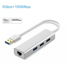 Silver 3 Ports USB 3.0 Gigabit Ethernet Lan RJ45 Network Adapter Hub to 1000Mbps