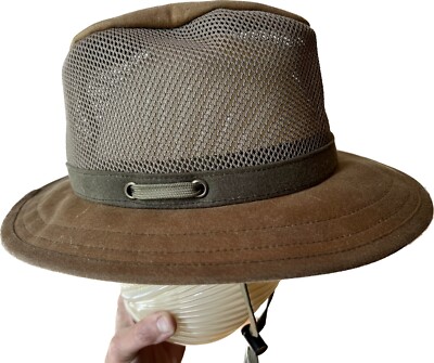 Outback Trading Mesh 1470 Oilskin Fedora Hat Cap Vtg Brim Brown  L-XL