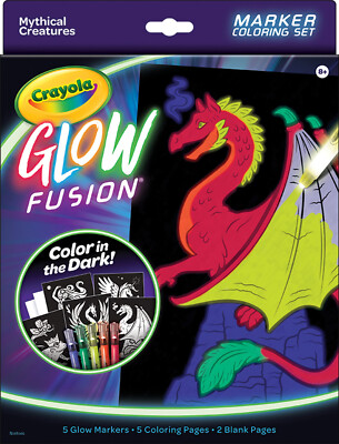 CRAYOLA GLOW FUSION - COLOR IN THE DARK - 5 MARKERS - 5 COLORING PAGES