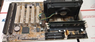 VINTAGE ECS P6BX-A+ INTEL 440BX SLOT 1 ATX MOTHERBOARD and CPU+ RAM