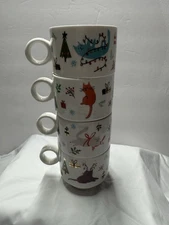 Set Of 4~Stackable~Grace Teaware~Fine Porcelain~Christmas Cat Design Cups/Mugs