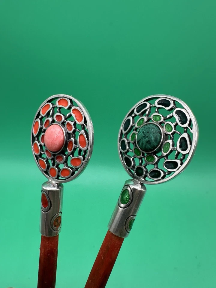 Bonito juego de 2 alfileres de pelo de 6 pulgadas de plata 925 esmaltada hecha en Ucrania Foto 3 de 4