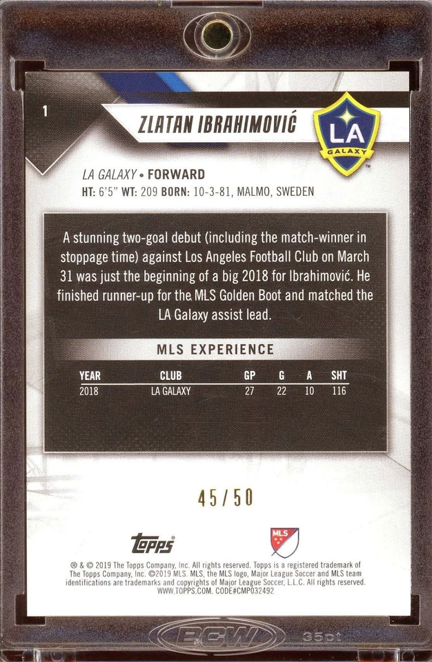 2019 Topps MLS Zlatan Ibrahimovic #1 LA Galaxy Gold /50 RARE! - Image 2 of 2