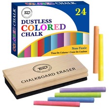Chalkboard Colored Chalk Thin 24 Pack 1 Felt Eraser Dustless Kids School Office