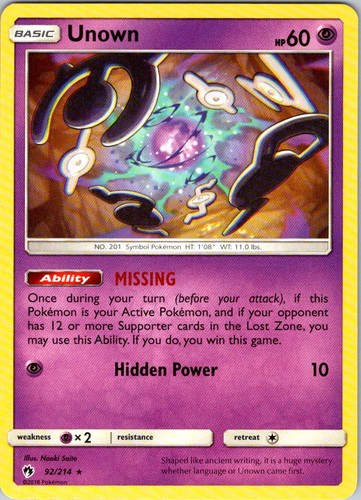 Unown 92/214 Rare Lost Thunder Pokemon Near Mint