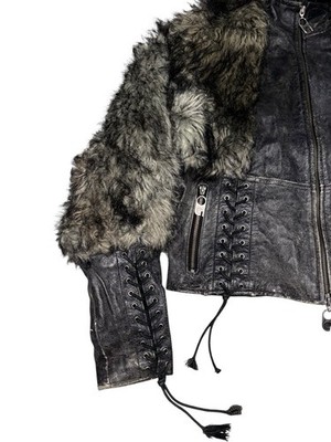 90’s✨leather jacket S fur archive grunge Vtg Akademiks Leather Fur Corset Jacket Bondage If Six Was Nine
