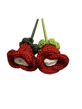 NEW handmade crochet artificial flowers wood stem 2 ROSES RED WHITE GREEN