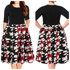 Nemidor Women's Black Red White Floral Fit Flare Dress Short Sleeve Size 22 US