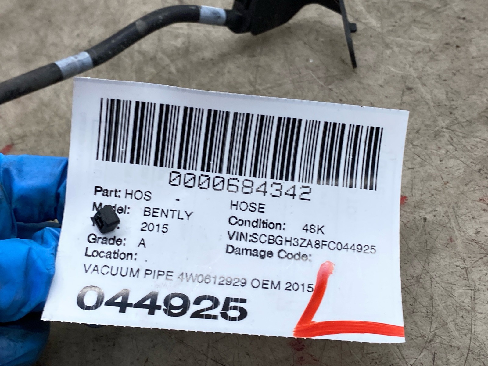 2015 BENTLEY CONTINENTAL VACUUM PIPE 4W0612929 OEM