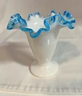 Vintage Fenton Aqua Milk Glass Vase, Ruffled Aqua Rim, 4 1/4” Tall