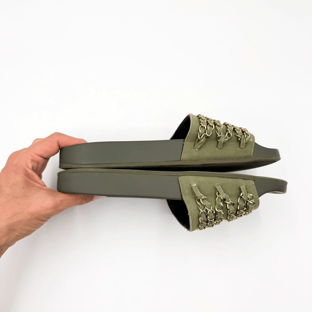 Chanel CC Chain Slide Sandals Size Eu 37 Green Khaki Canvas Slip