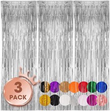 3 Pack Silver Foil Fringe Backdrop Curtains 3.3x8.2 Feet Tinsel Streamers