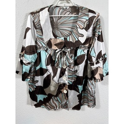 Ulla Popken Blouse Womens 16/18 Brown Oversized Abstract Peter Pan Collar Top