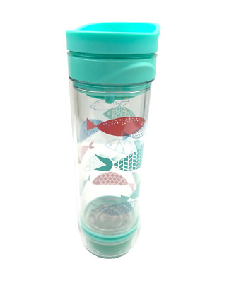 David's Tea Swimming Fish Ice Tea Press Travel Tumbler Mug Teal Blue  Red