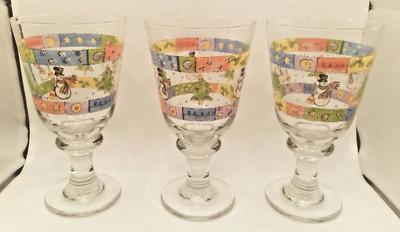 Libbey Set of 3 Christmas Goblets Designed by Sue Lipkin 12 ounce Made in USA