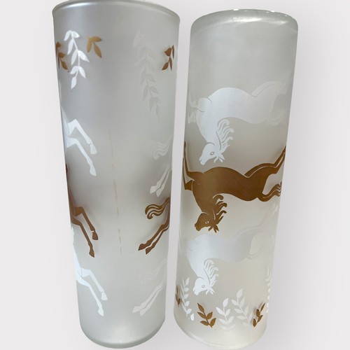 2 Vintage MCM Libbey Frosted Cavalcade Highball Glasses Galloping Horses Pair - Picture 4 of 8