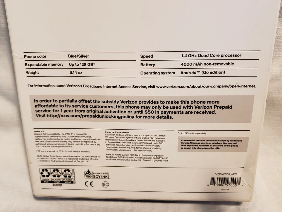 New Verizon Wireless Nokia 2V Prepaid Smartphone - Blue / Silver - SEALED - Image 4 of 4