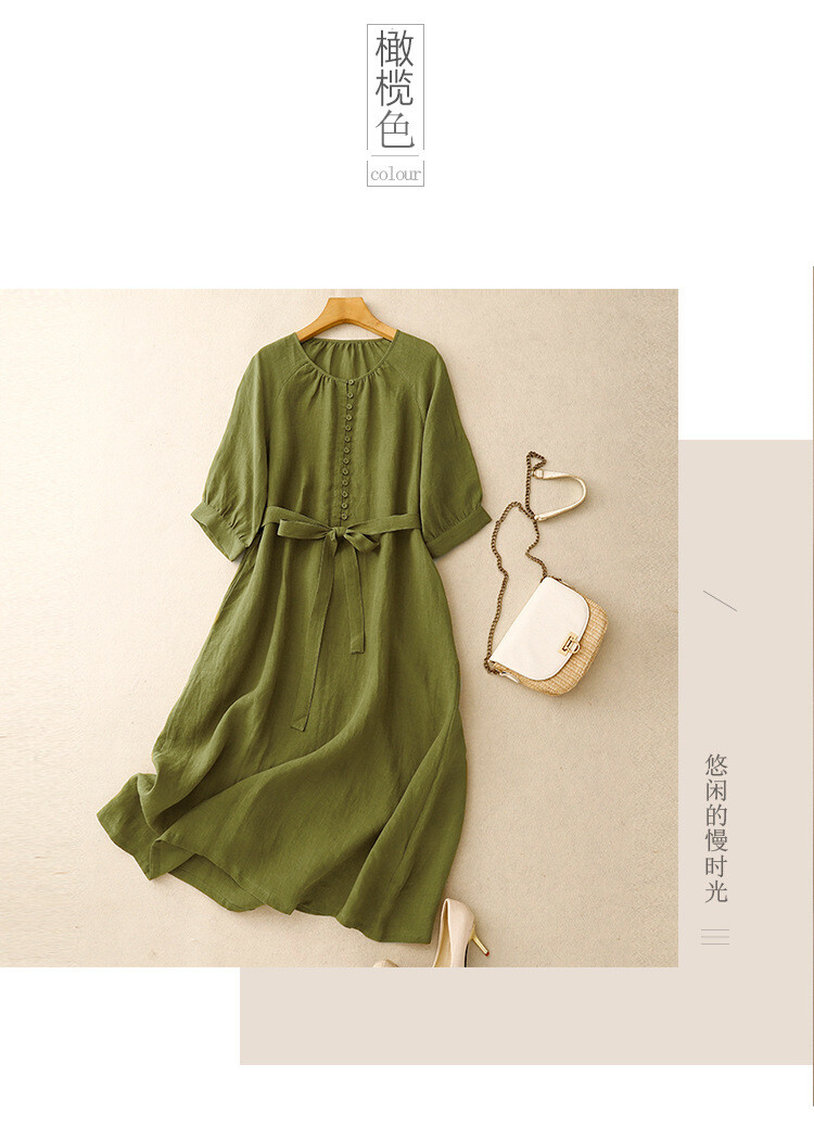 Green Dress Women's Large Size Lace-up Slim Mid Long Cotton Linen Round  Neck Sz | eBay