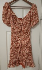 ASTR The Label Womens Dress Bodycon Ruched V- Neck Floral Off Shoulder Chedron S
