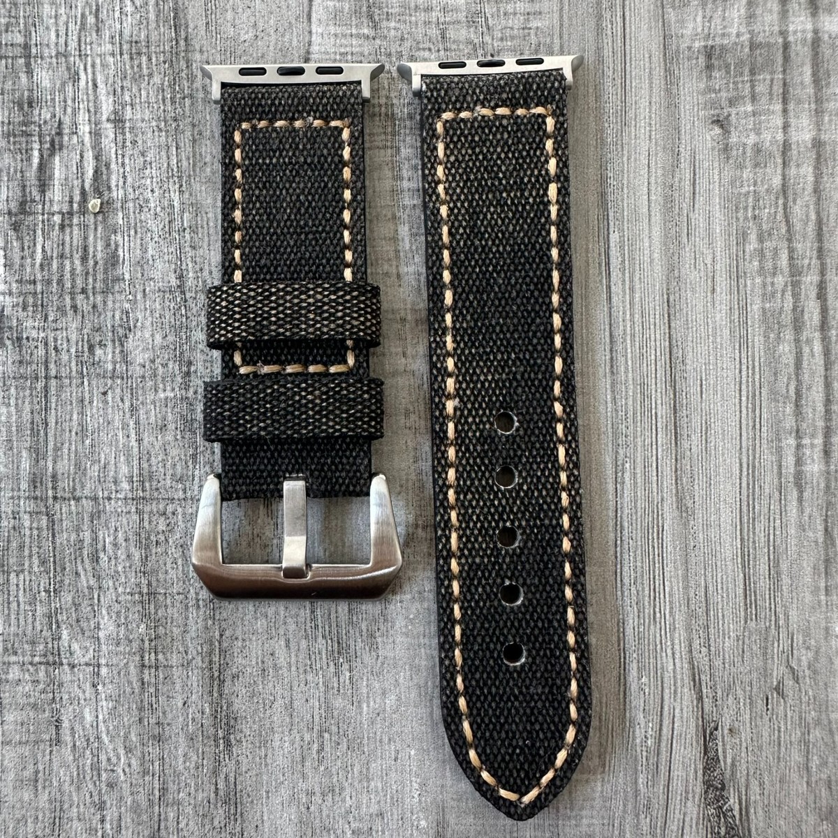 Black Canvas Leather Watch Band 26mm Wide Strap For Apple Watch