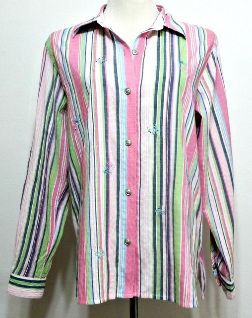 Alfred Dunner Ladies Pastel Striped Cotton Polyester Button Down Shirt