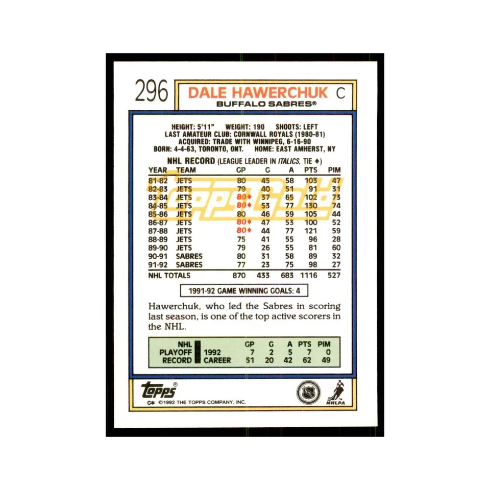 Dale Hawerchuk 1992 Topps Gold #296 Hockey Cards Hockey Card NM - Image 2 of 3