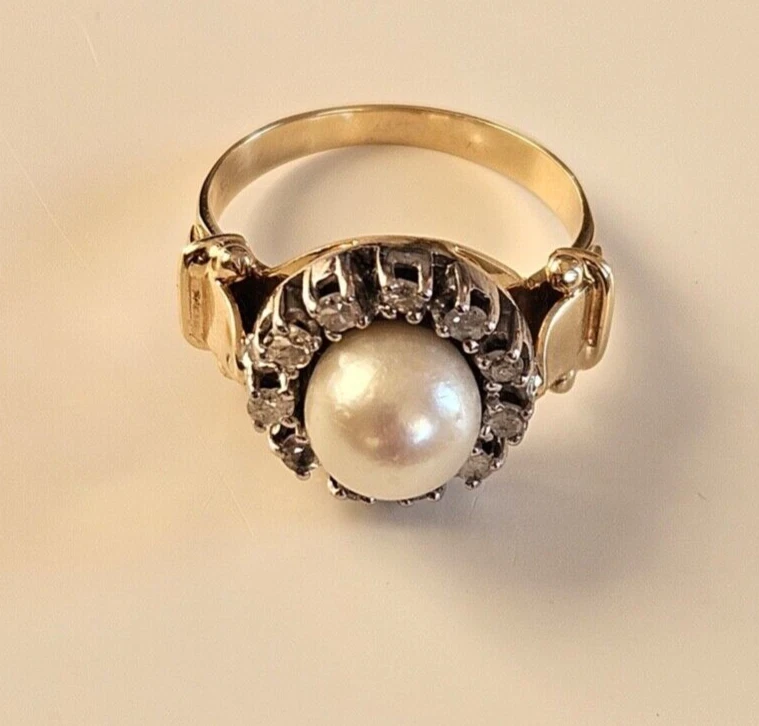 Ring 585 Gold, Ringgröße 54, Gewicht 5,90 g mit Perle und  11 Diamanten - Bild 4 von 4