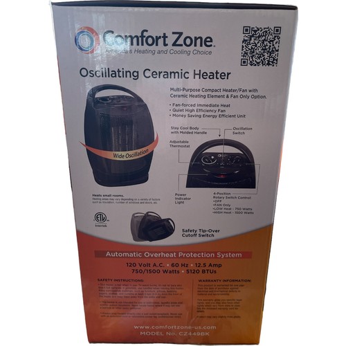 Comfort Zone CZ449BK 1500W Oscillating Ceramic Electric Heater W/Tip Cutoff - Picture 3 of 6