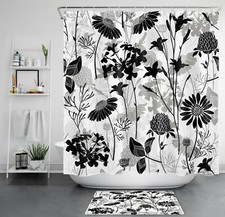 Black White Nature Plant Leaf Flower Shower Curtain Bathroom Accessories Set