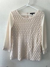 Cream Lace Blouse M Romantic Floral Overlay 3/4 Sleeve Soft Feminine Top Sz M