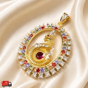 Authentic Phaya Naga Wealth Thai Amulet Naga Eye Gold Plated CZ Pendant Talisman Jewerly