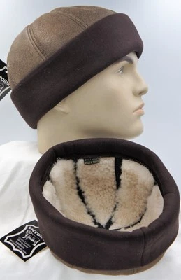 Tabac Cuir Peau Mouton Fourrure Bonnet Tricot Manchette Rond Seau Hiver de Ski - Photo 1/4