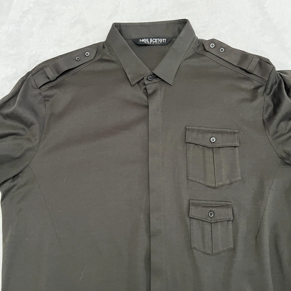 Neil Barrett Shirt Mens 17 43 Green Epaulette Military Double Pocket Made Italy - Image 3 of 4