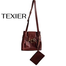 Vintage TEXIER France Brown Leather Handbag Ostrich Trim Gold Hardware Buckle