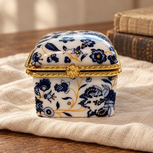 Blue White Floral Porcelain Hinged Trinket Box Gold Tone Mini 1.2 in Jewelry Box