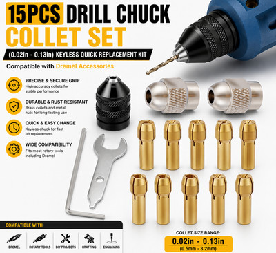 15PCS Keyless Drill Chuck Collet Set 1/32'' 1/8'' for Dremel Rotary Tool 4486 Comp